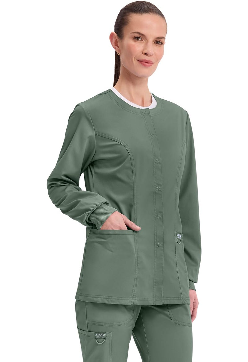 Cherokee Womens Scrub Jacket Nurse Snap Front Medical Uniform with Pockets, 2-Way Stretch, Easy Care Soft Fabric - WW310, XL, Olive - Image 5